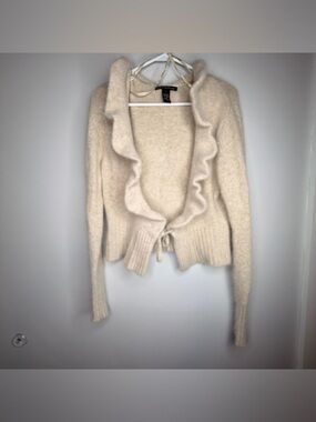 Marina Luna Ruffled Open-Front Cream Knit Sweater Rabbit Hair Lambs Wool